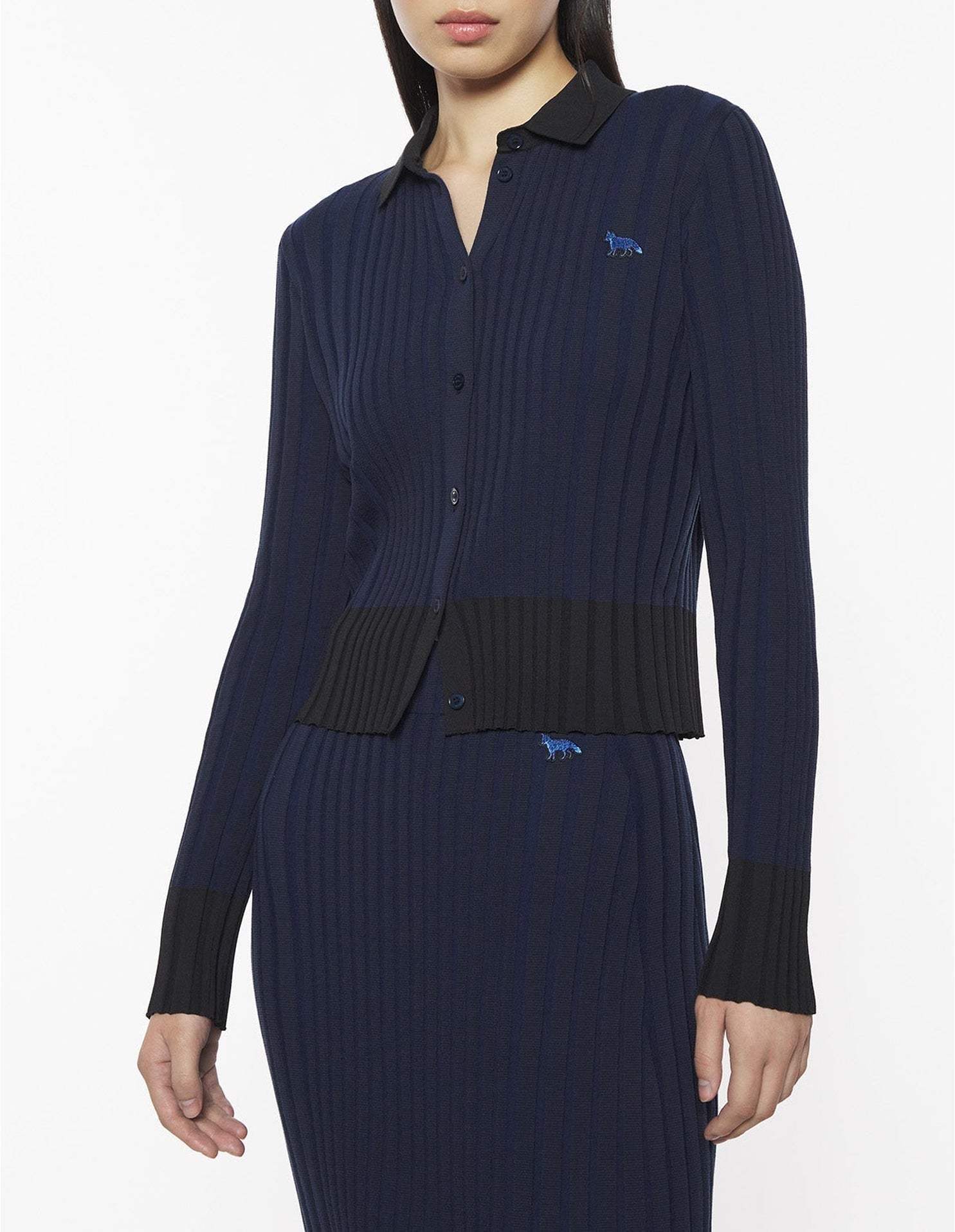 Baby Fox Patch Pleated Ribbed Cardigan - Ink Blue