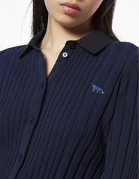Baby Fox Patch Pleated Ribbed Cardigan - Ink Blue