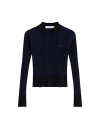 Baby Fox Patch Pleated Ribbed Cardigan - Ink Blue