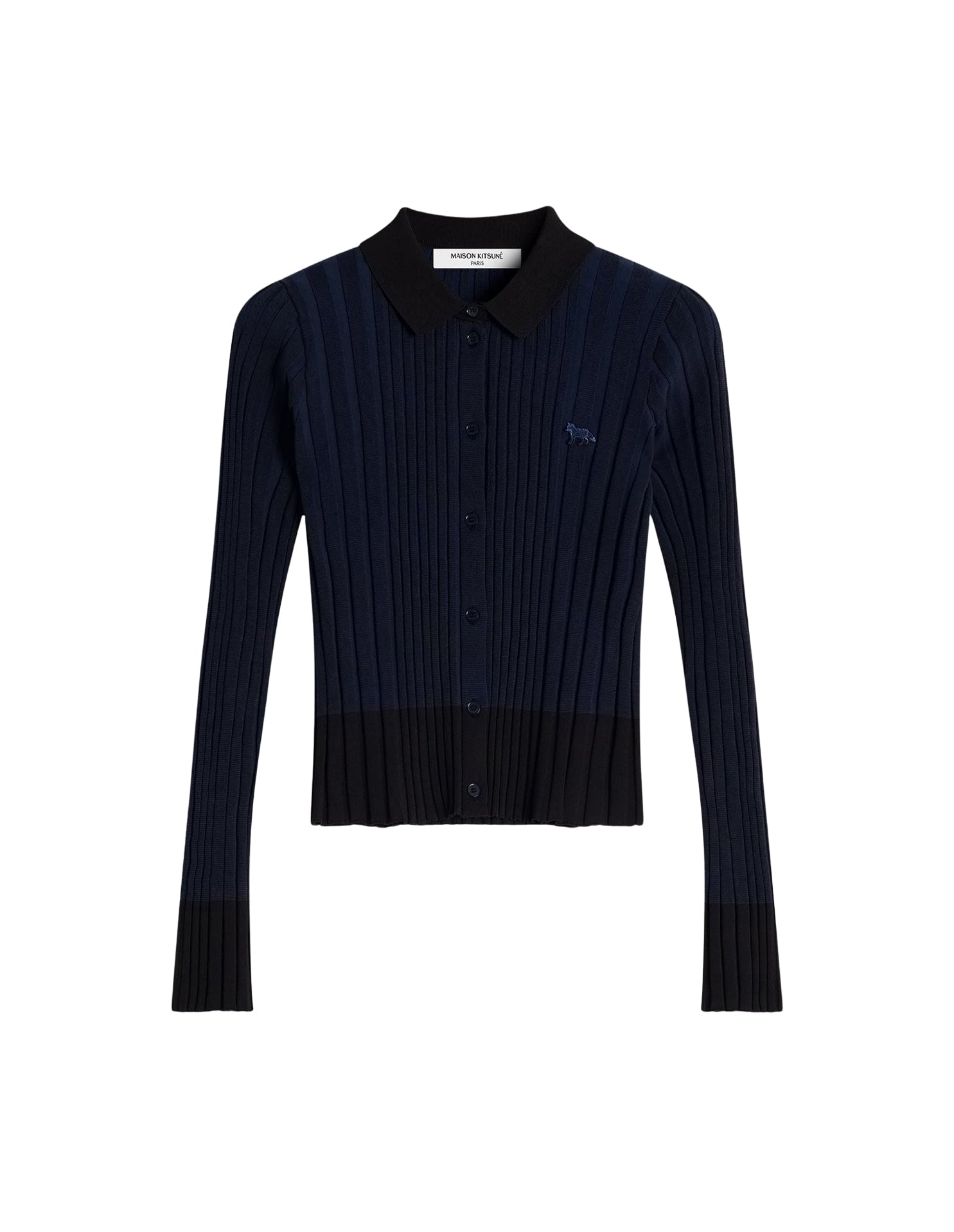 Baby Fox Patch Pleated Ribbed Cardigan - Ink Blue