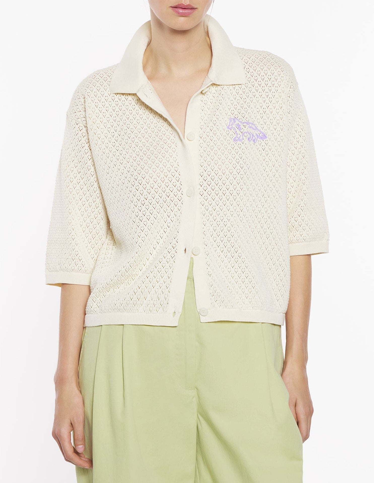 Baby Fox embroidered pointelle cardigan - Rich Vanilla