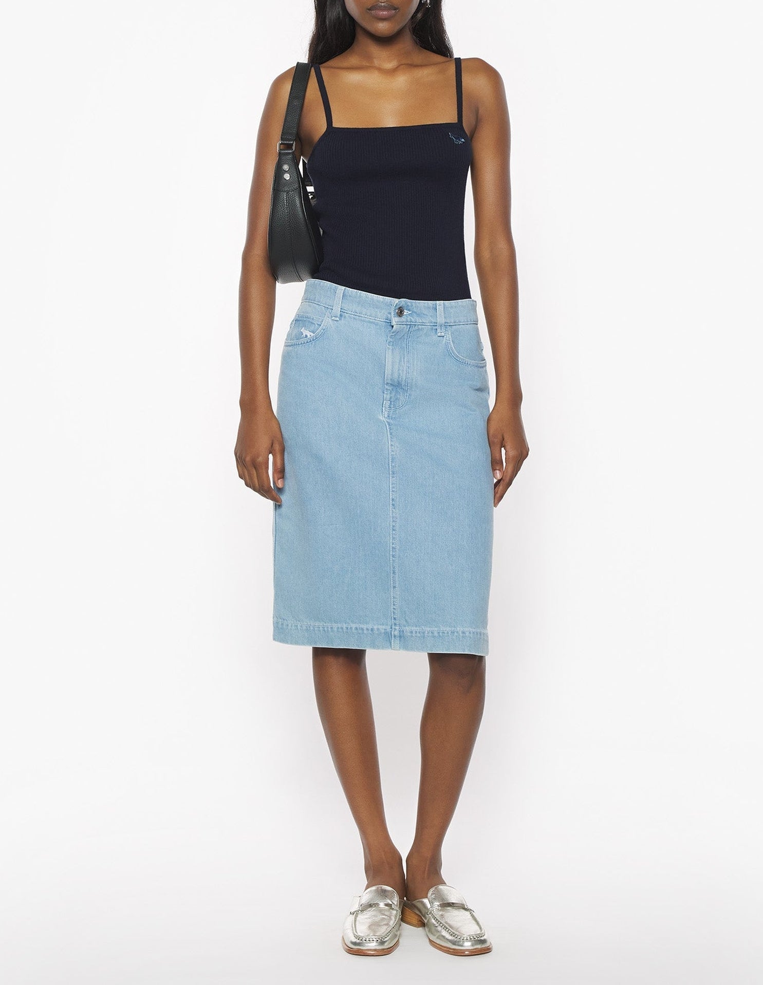 Jupe midi brodée en denim - Bleached Indigo