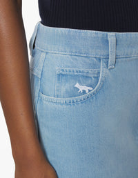 Jupe droite longueur midi avec broderie en denim - Bleached Indigo