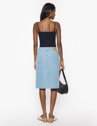 Jupe droite longueur midi avec broderie en denim - Bleached Indigo