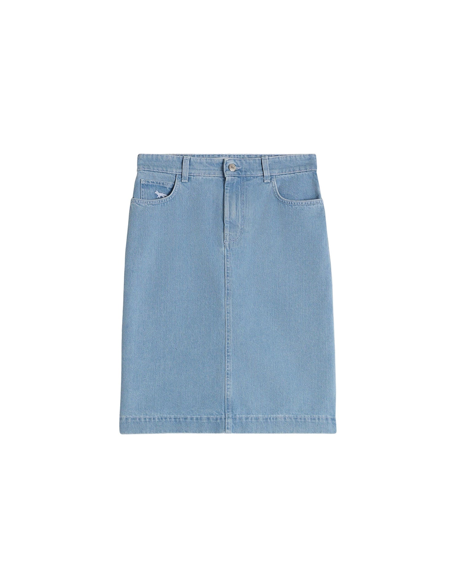 Jupe droite longueur midi avec broderie en denim - Bleached Indigo