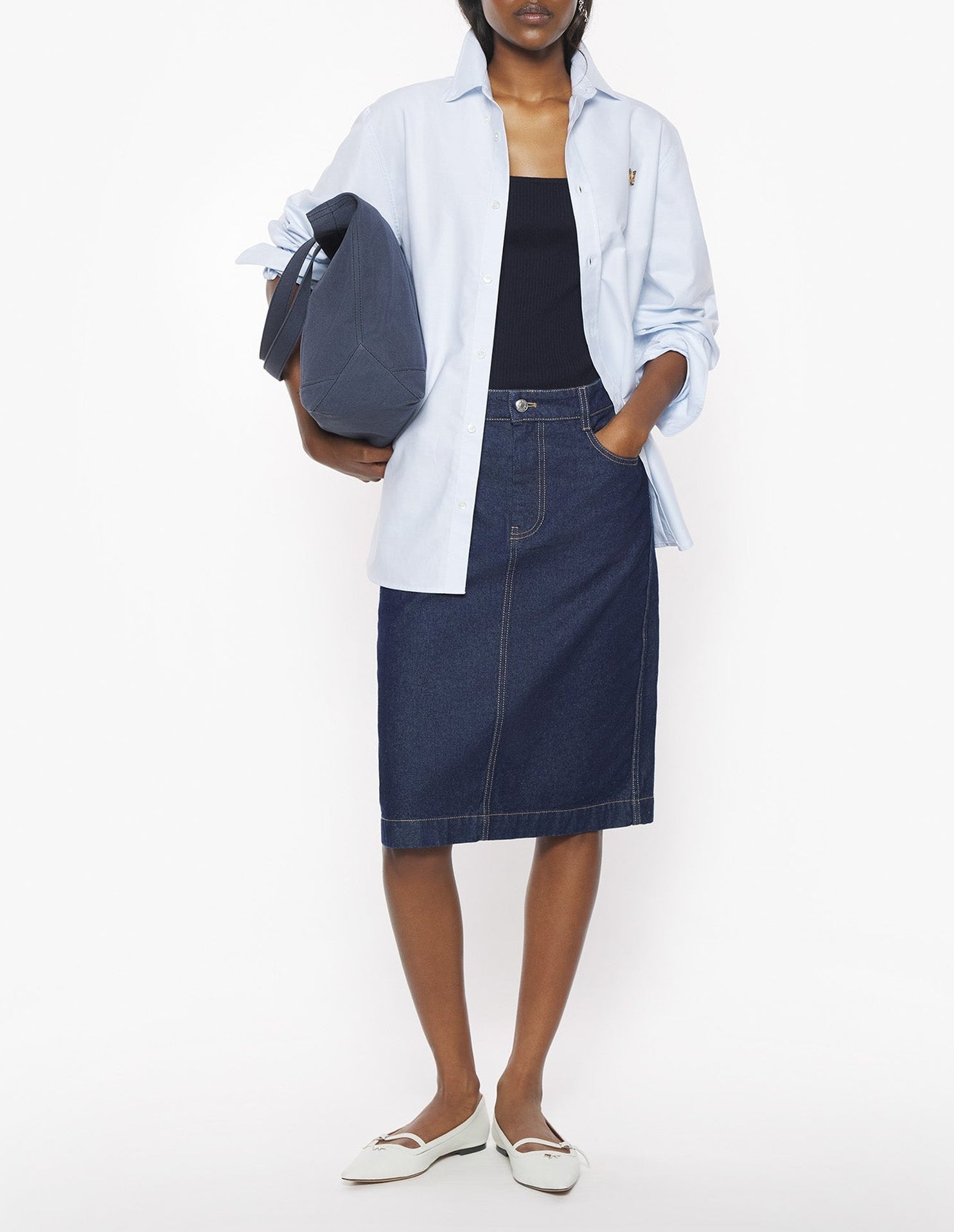 Jupe droite longueur midi avec broderie en denim - Indigo