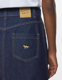 Jupe droite longueur midi avec broderie en denim - Indigo