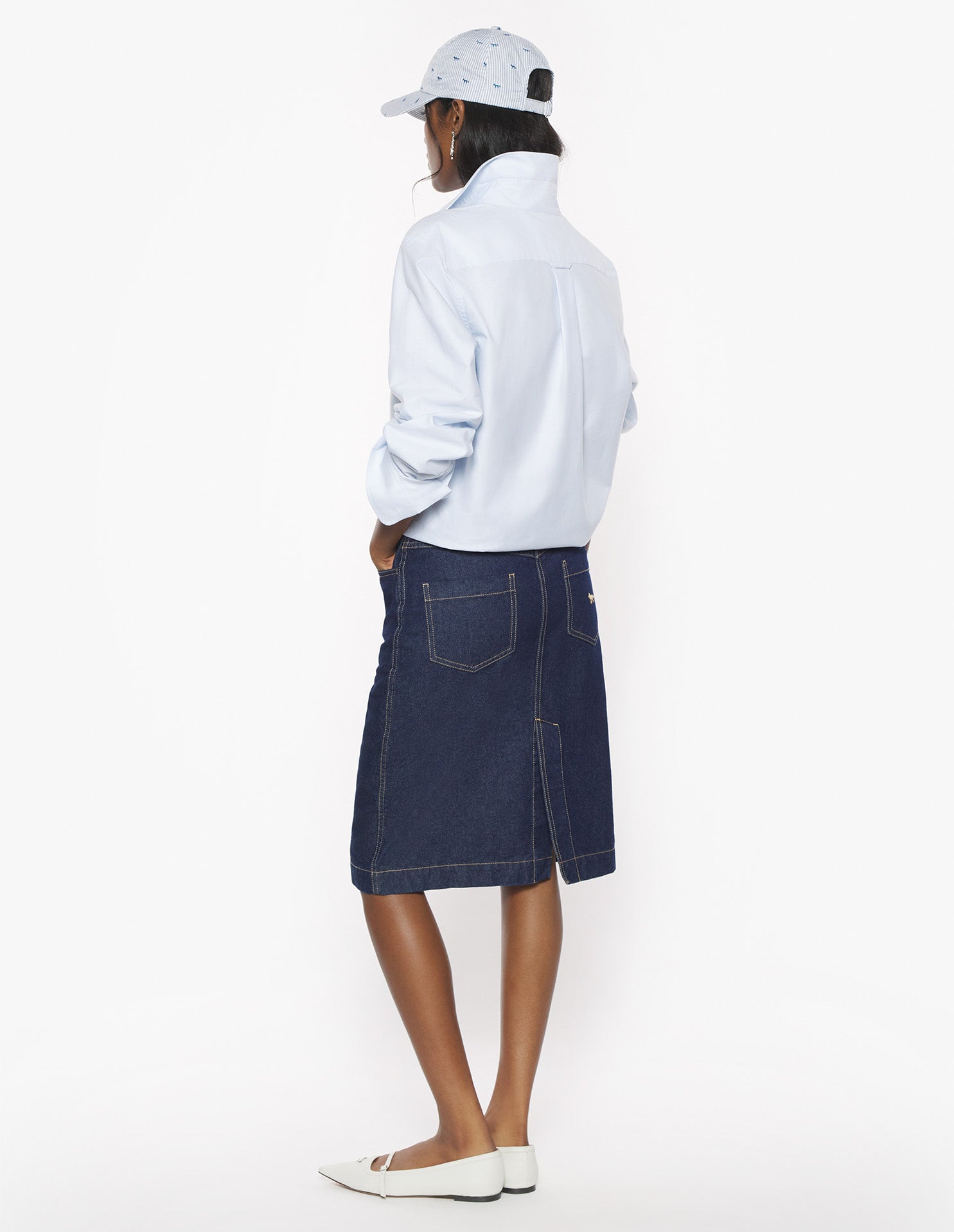 Jupe droite longueur midi avec broderie en denim - Indigo