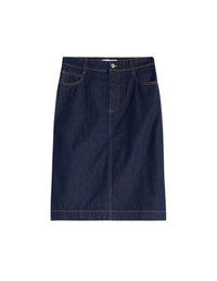 Jupe droite longueur midi avec broderie en denim - Indigo