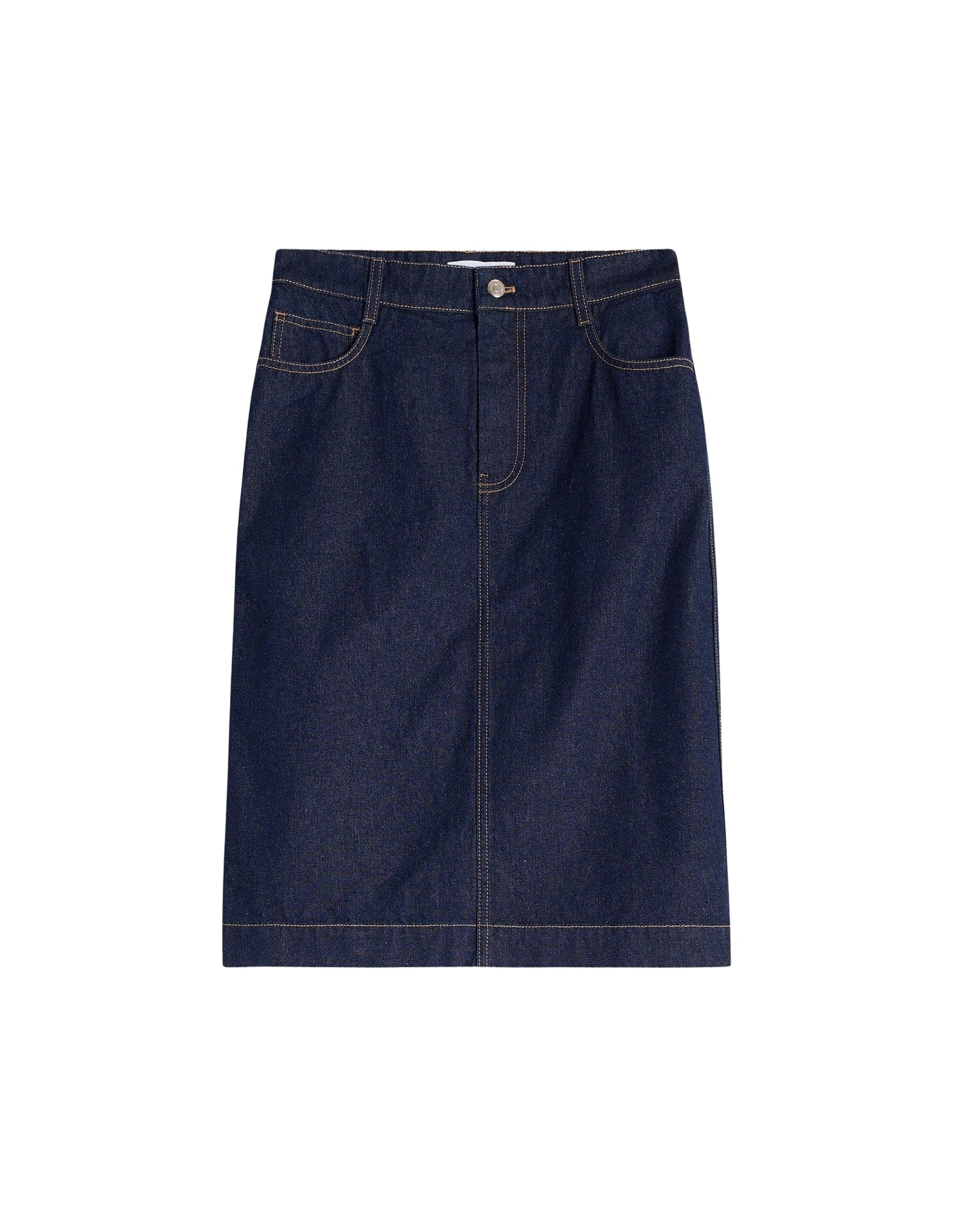 Jupe droite longueur midi avec broderie en denim - Indigo