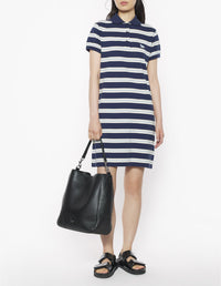 Striped polo dress with embroidered badge - Ink Blue & Hortensia