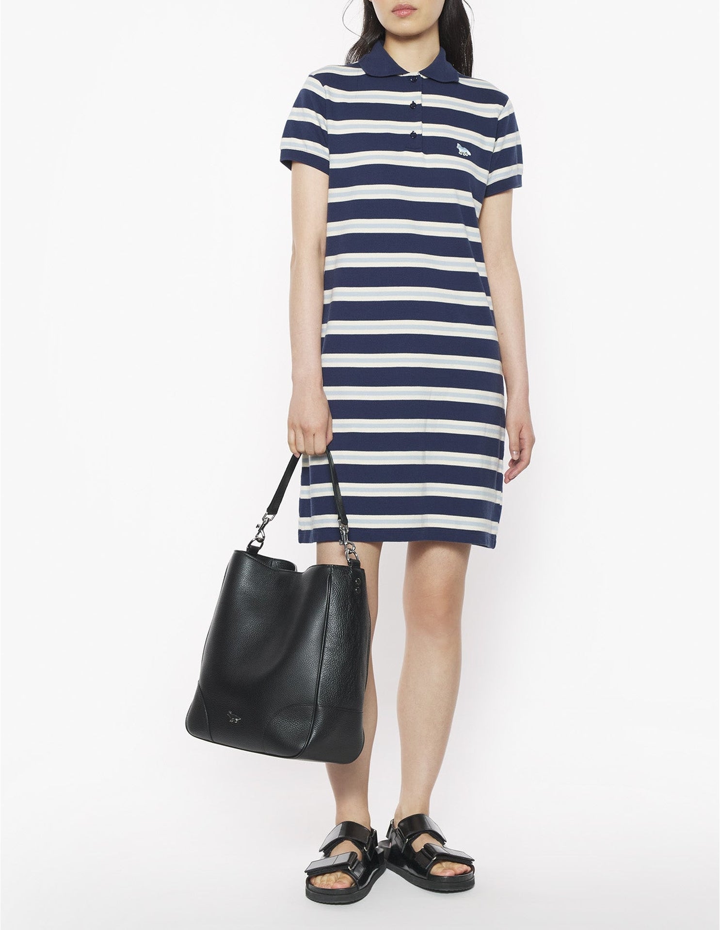 Striped polo dress with embroidered badge - Ink Blue & Hortensia