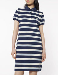 Striped polo dress with embroidered badge - Ink Blue & Hortensia