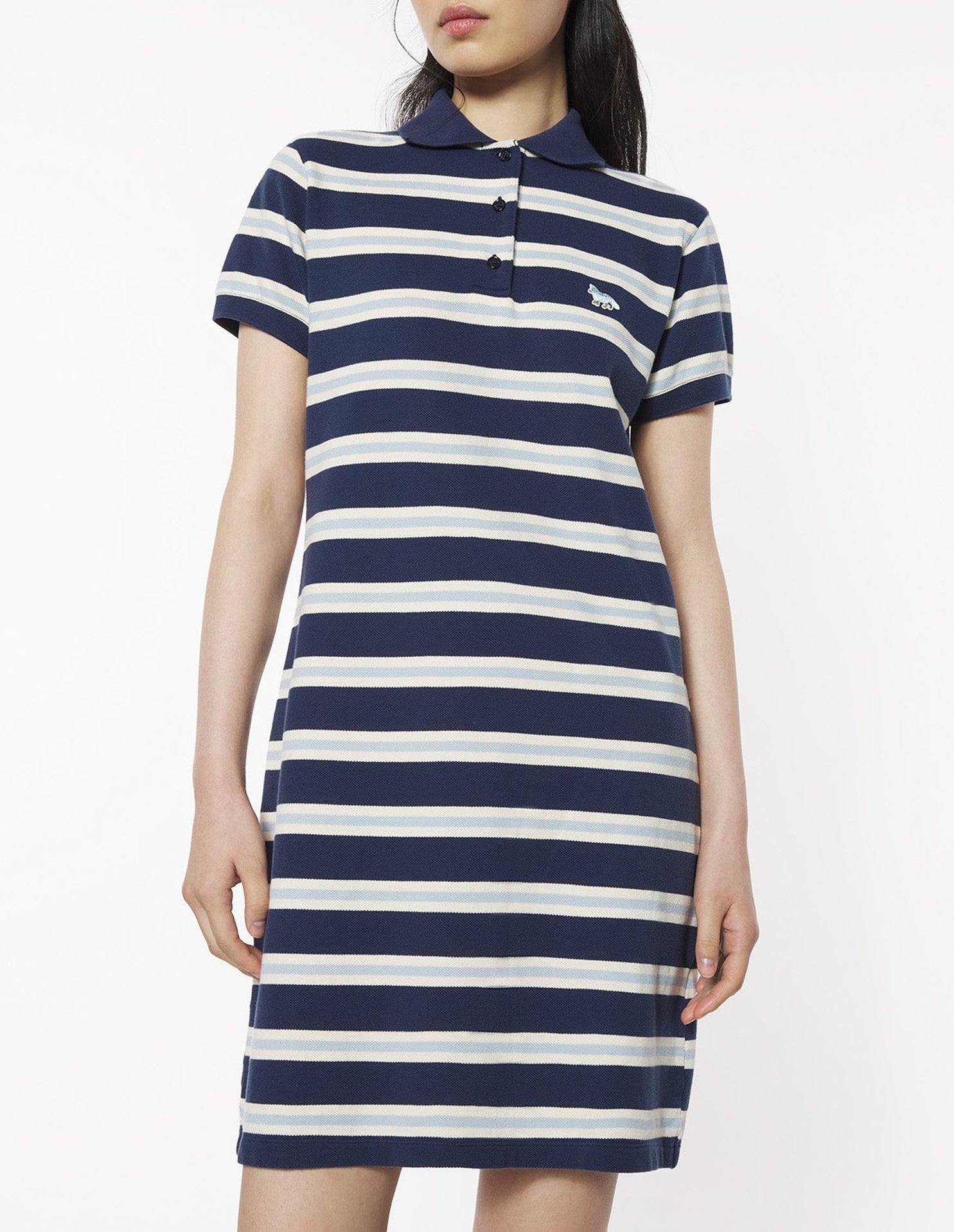 Striped polo dress with embroidered badge - Ink Blue & Hortensia