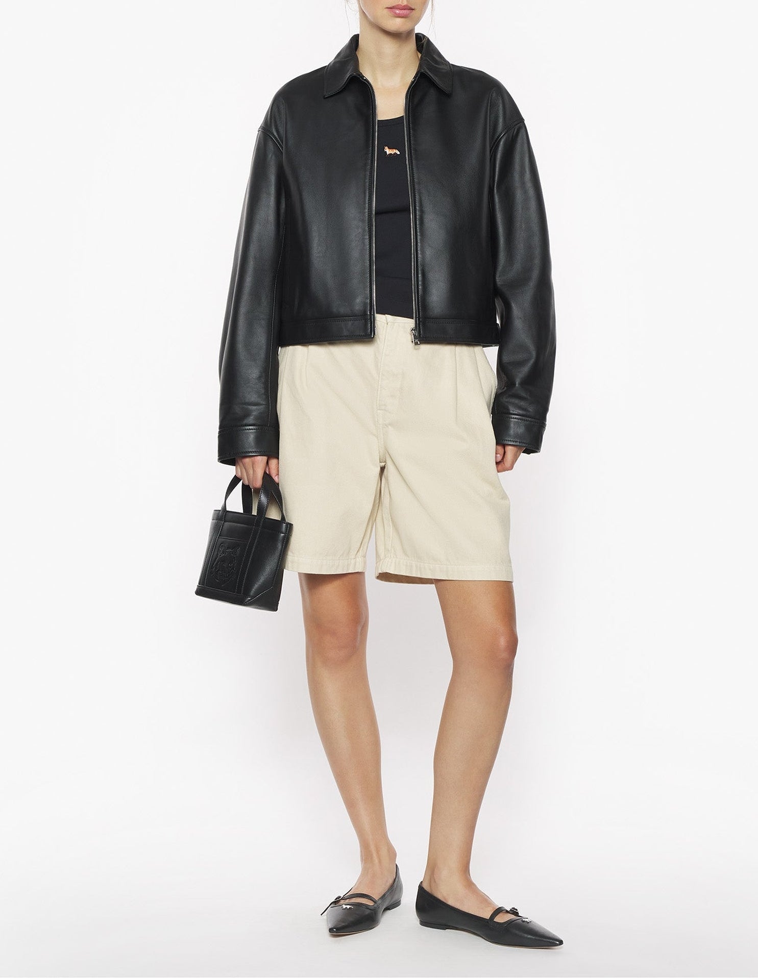 Short zipped leather jacket - Black