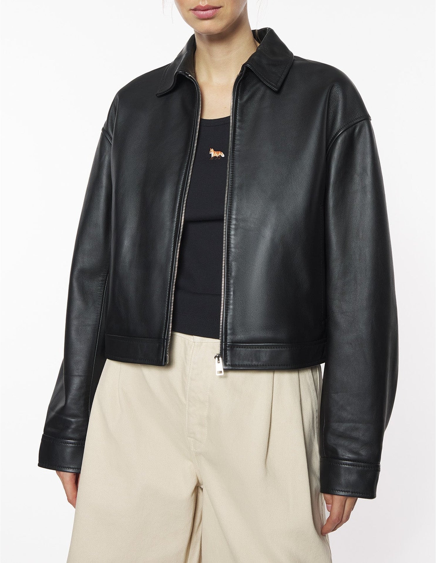 Short zipped leather jacket - Black