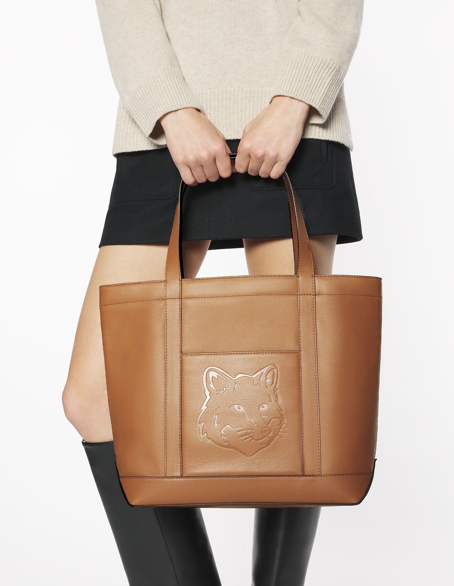 Fox head medium leather tote bag - Brown