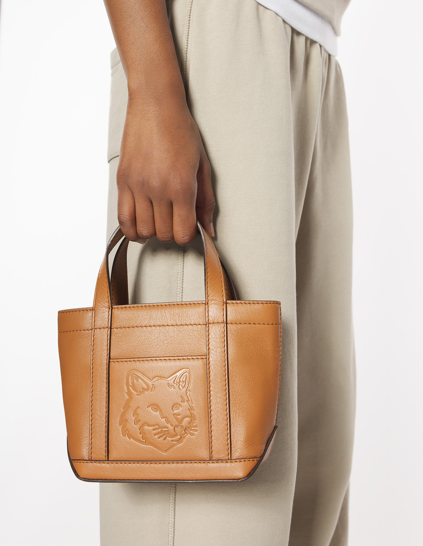 Fox head leather mini shopping bag - Brown