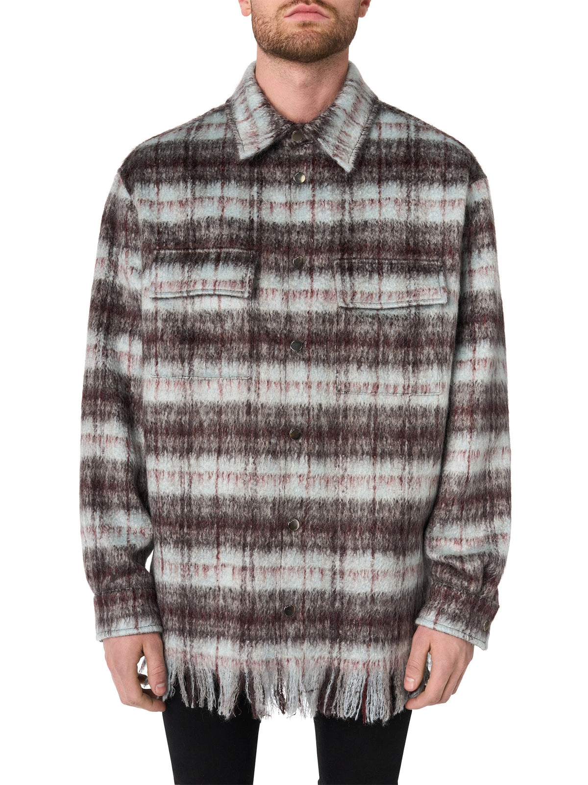 PLAID FRINGE PADDED OVERSHIRT