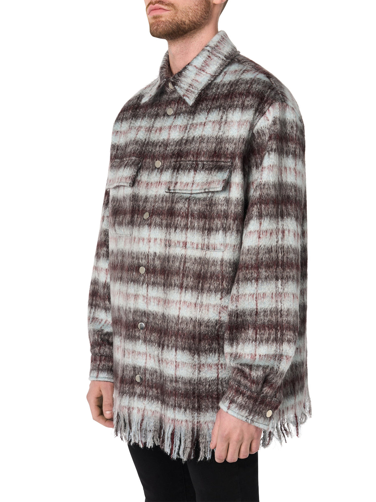 PLAID FRINGE PADDED OVERSHIRT