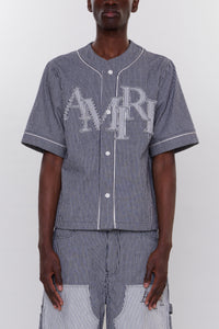 STRIPED DENIM LOGO APPLIQUE BASEBALL SHIRT
