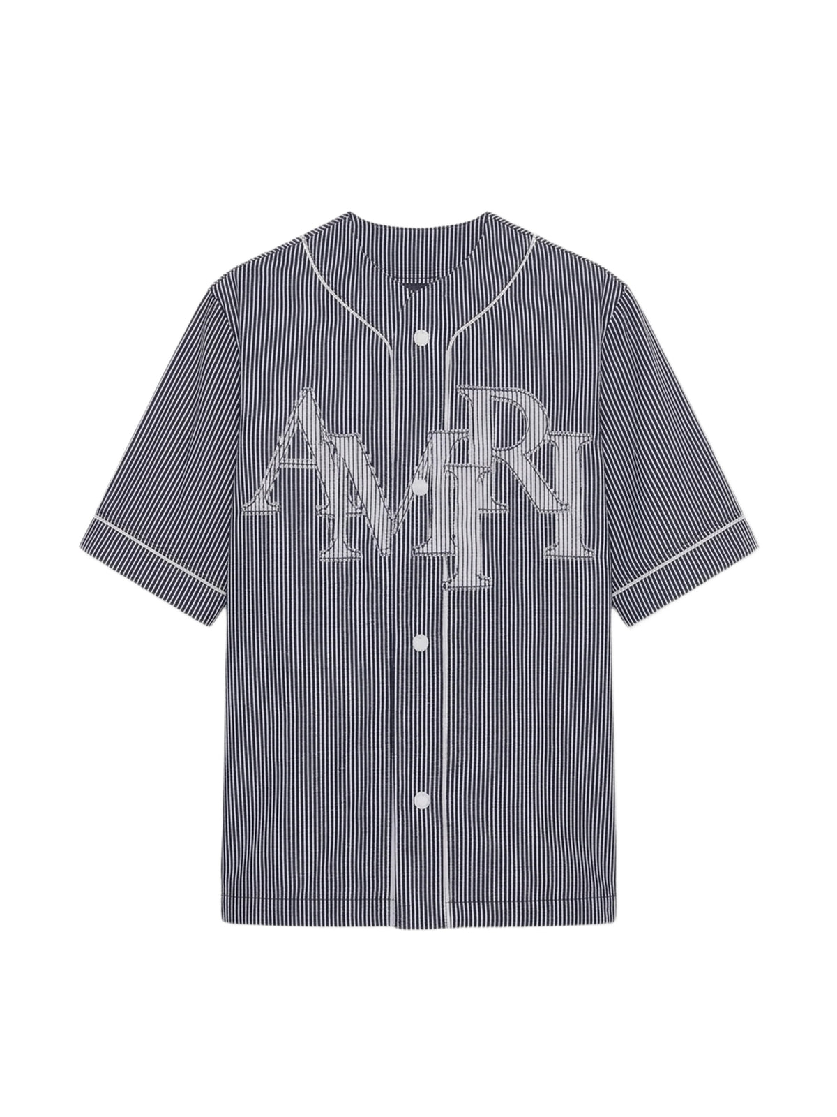 STRIPED DENIM LOGO APPLIQUE BASEBALL SHIRT