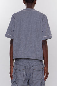 STRIPED DENIM LOGO APPLIQUE BASEBALL SHIRT