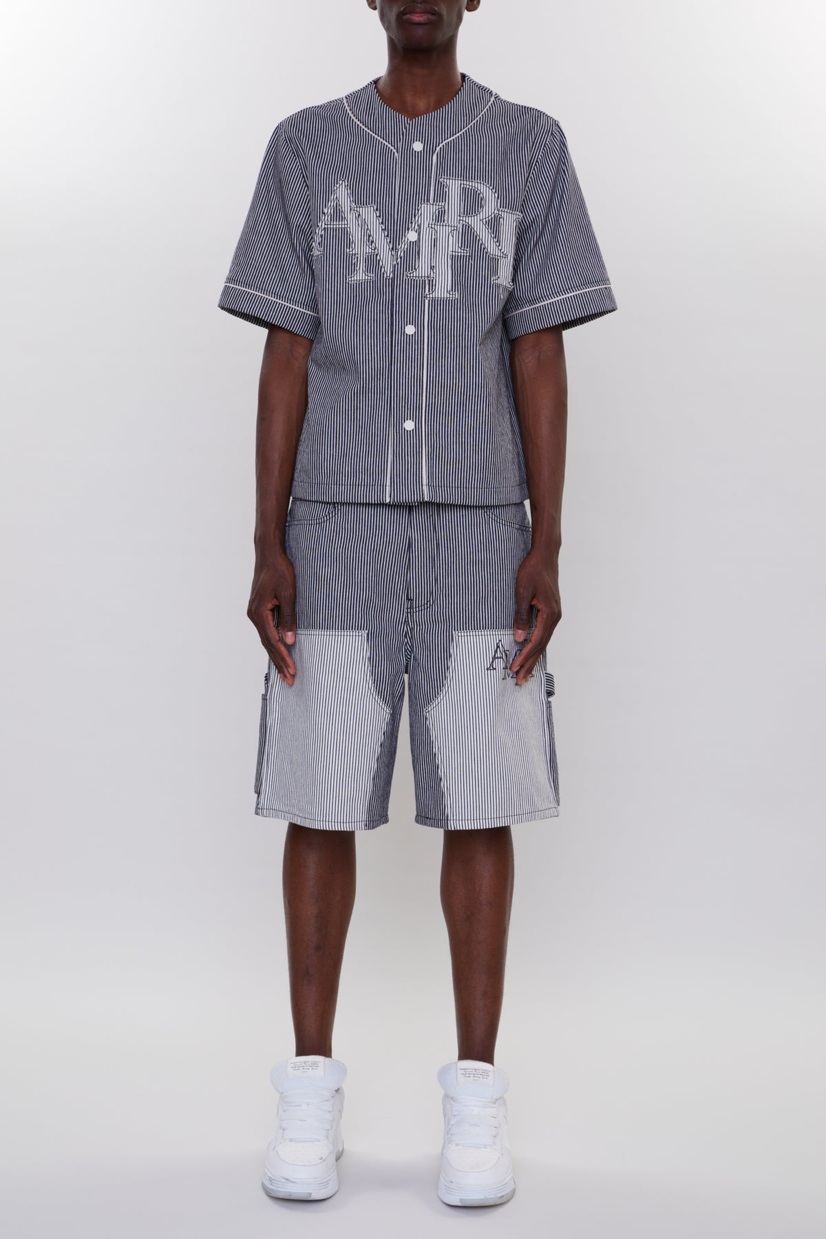 STRIPED DENIM LOGO APPLIQUE BASEBALL SHIRT