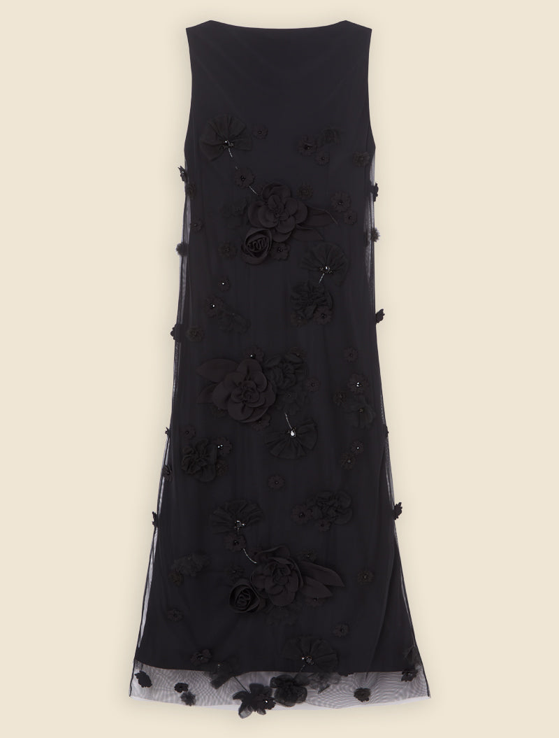 Black / FLORAL EMBROIDERY MIDI DRESS