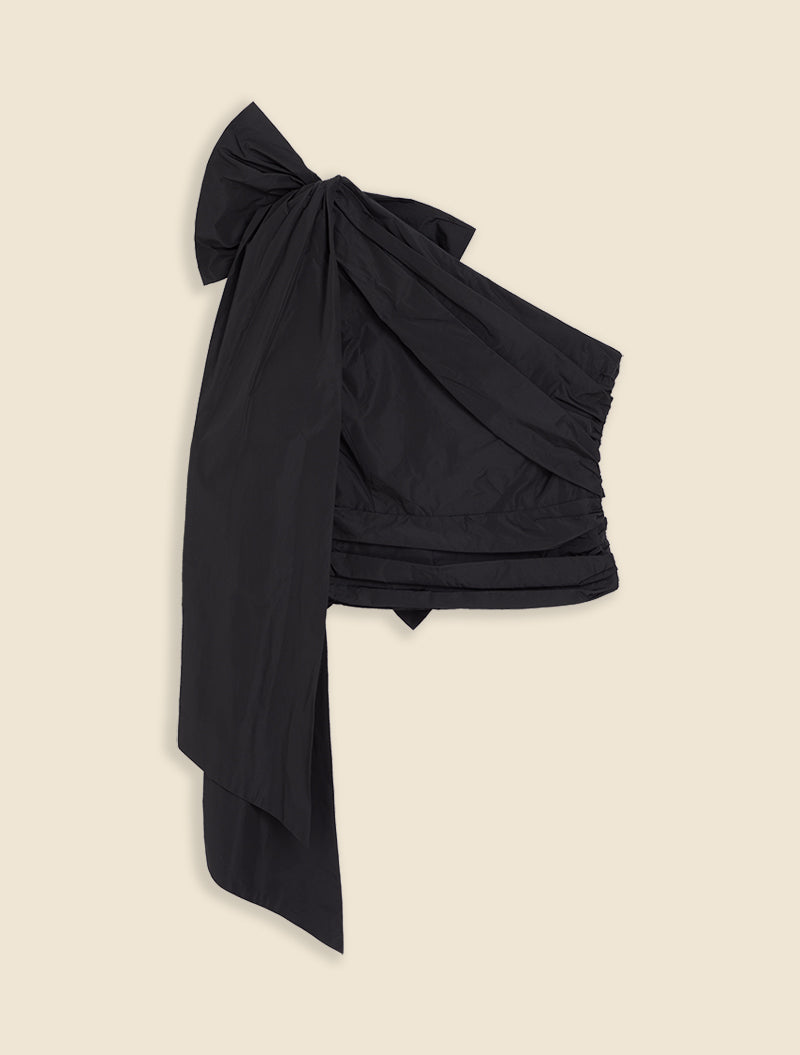 Black / ONE-SHOULDER DRAPE BOW SHIRT