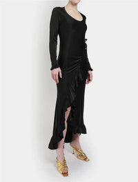 Asymmetric dress with drape and ruffles - Black
