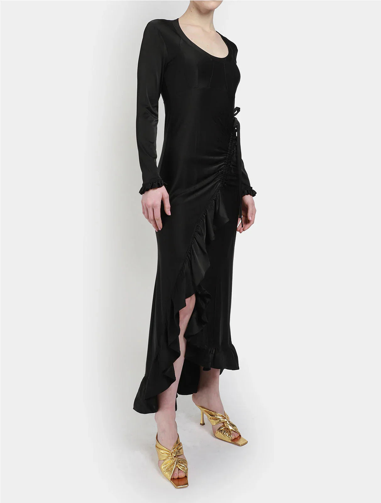 Asymmetric dress with drape and ruffles - Black