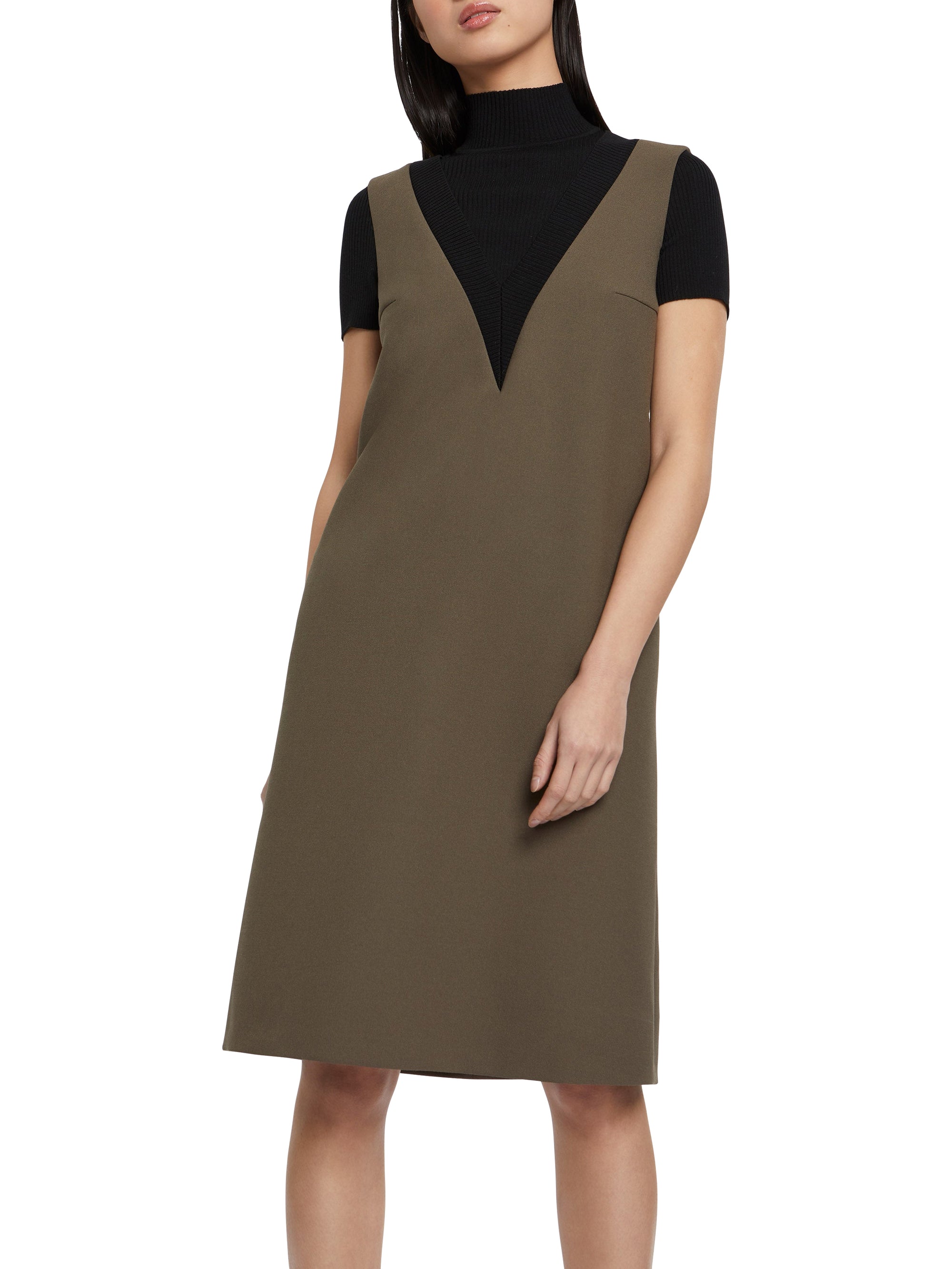 Robe courte trapèze à manches courtes - Kaki clair & noir