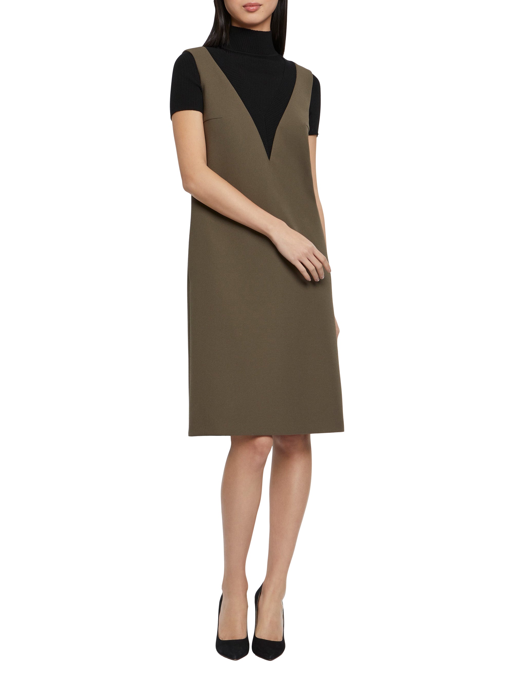 Robe courte trapèze à manches courtes - Kaki clair & noir