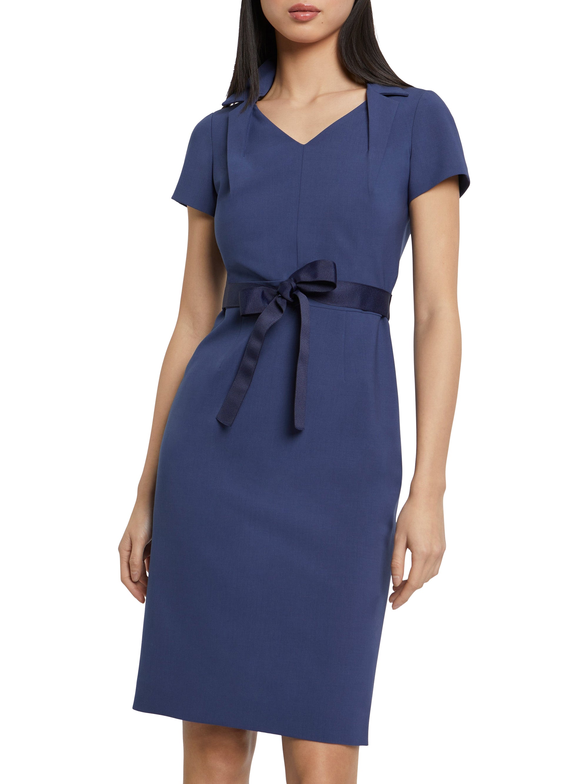 Short-sleeved straight dress in wool - Petrol blue