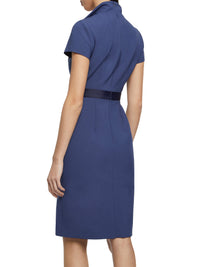 Short-sleeved straight dress in wool - Petrol blue