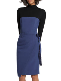 Robe portefeuille en laine - Noir & bleu pétrole