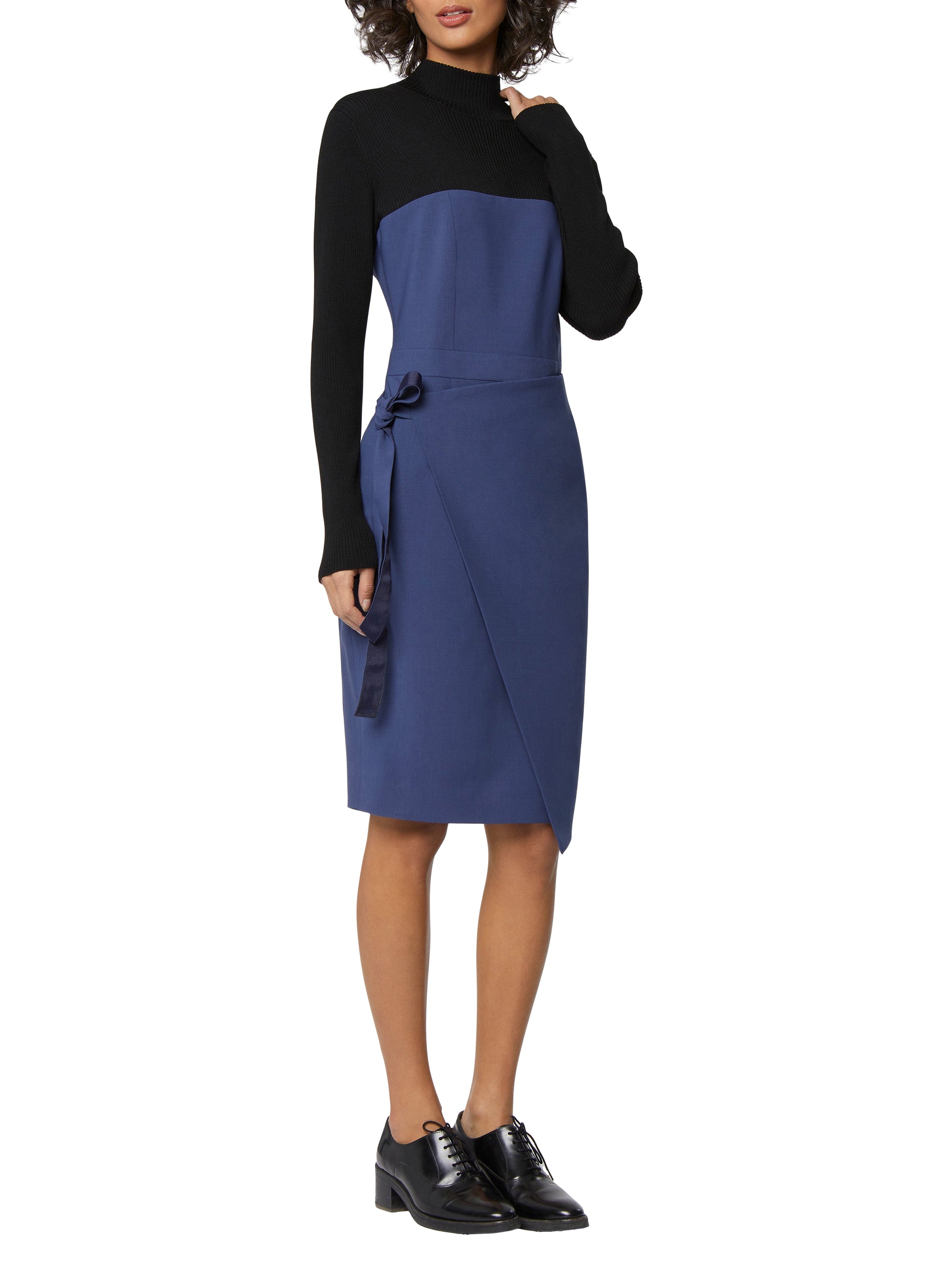 Robe portefeuille en laine - Noir & bleu pétrole