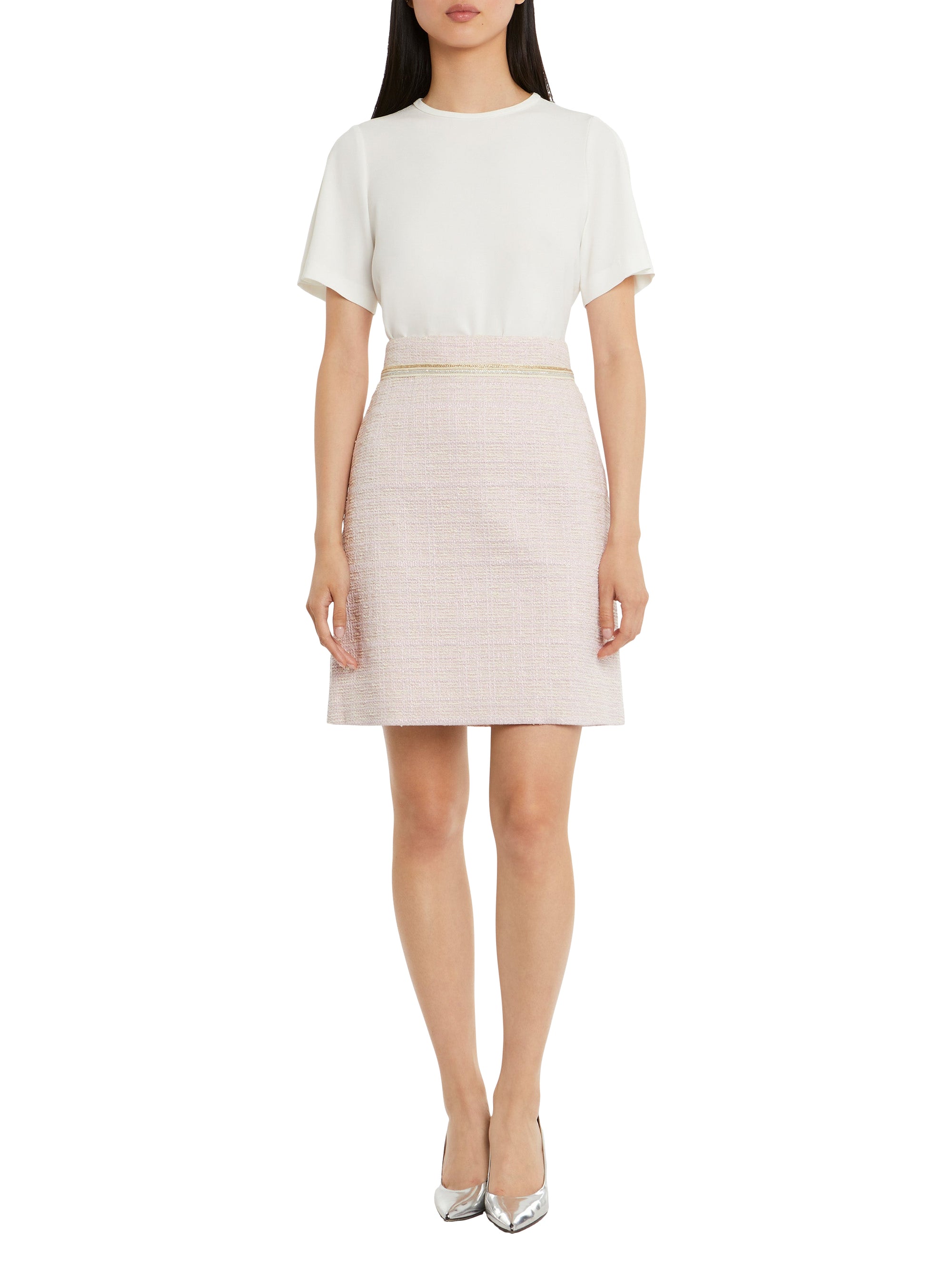 Jupe trapèze taille haute en tweed - Rose poudre