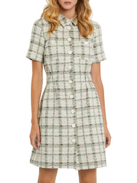 Robe à manches courtes en tweed - Vert & noir