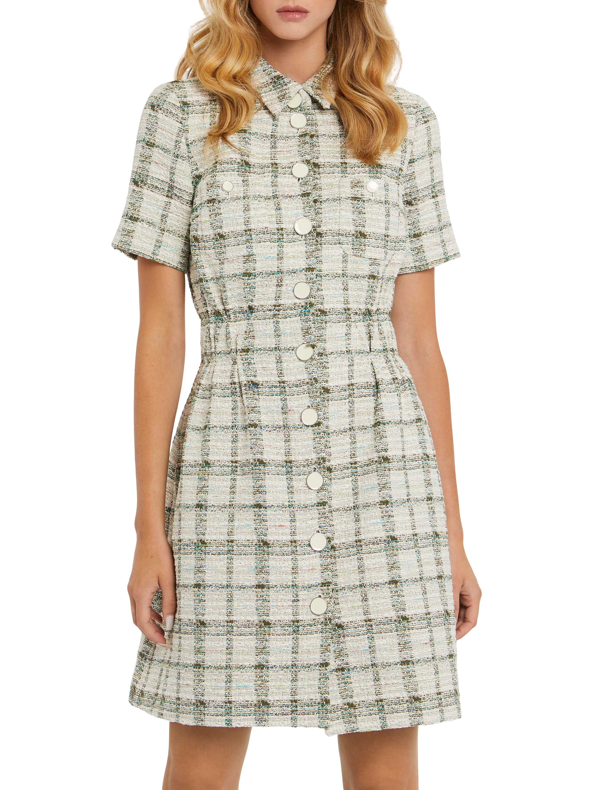 Robe à manches courtes en tweed - Vert & noir
