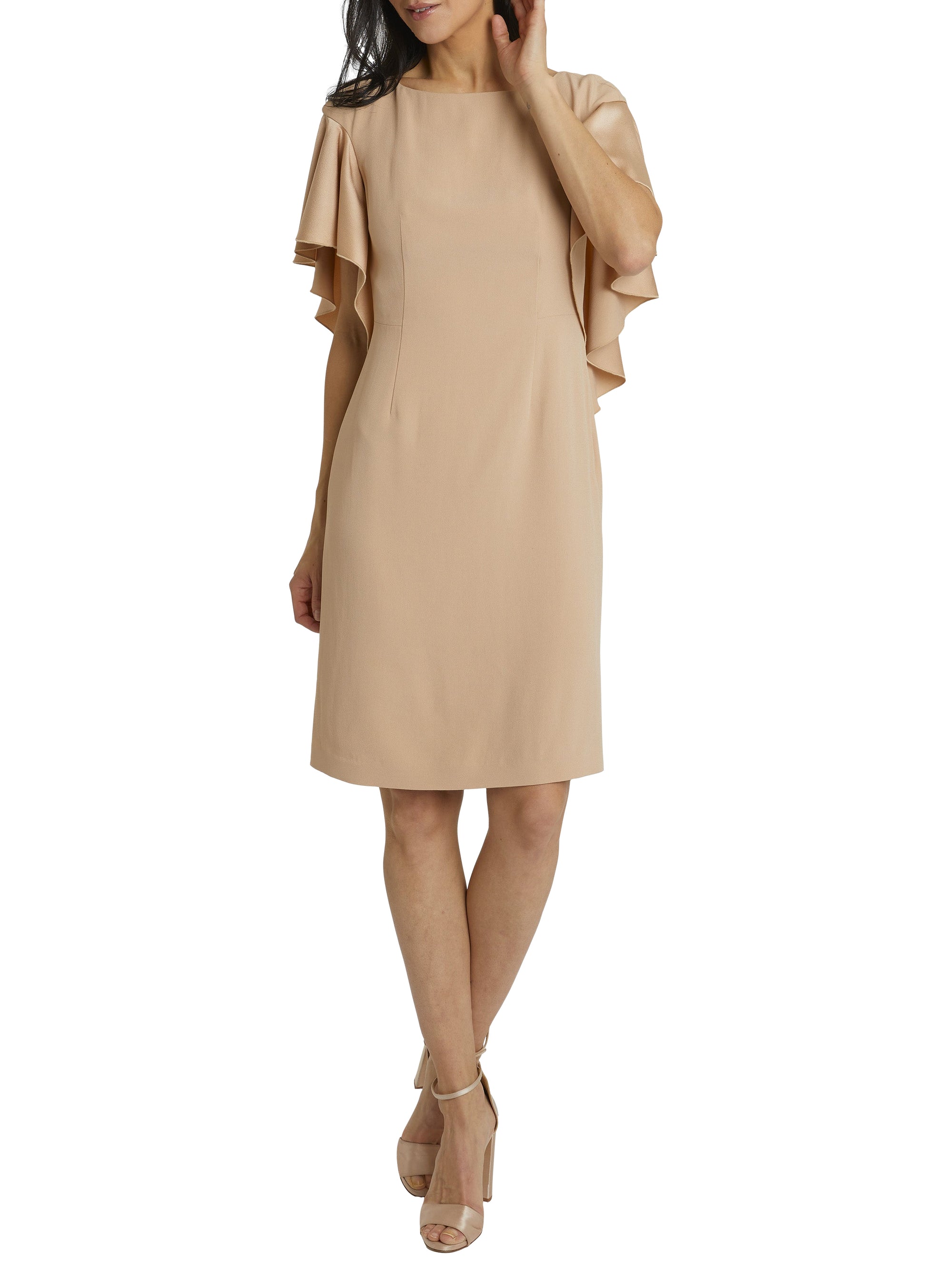 Short-sleeved boat-neck dress - Beige