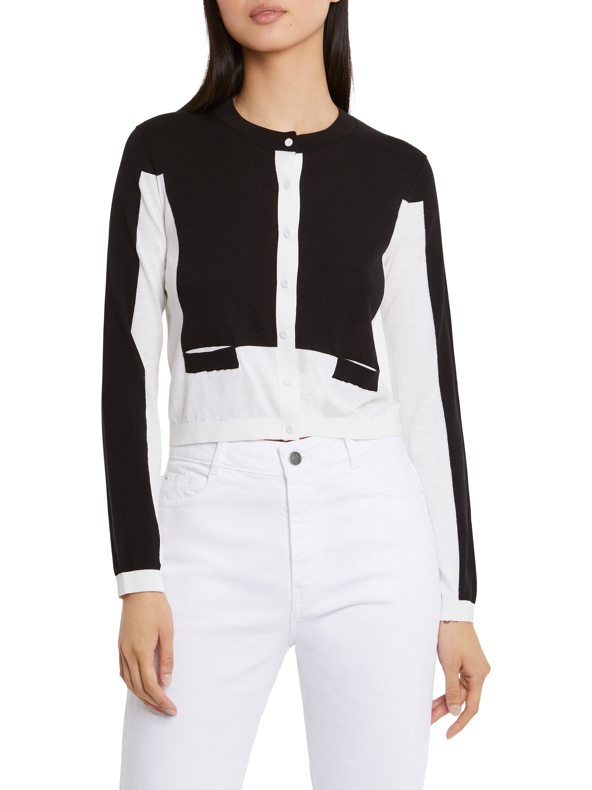 Cardigan à poches en soie - Noir & blanc cassé