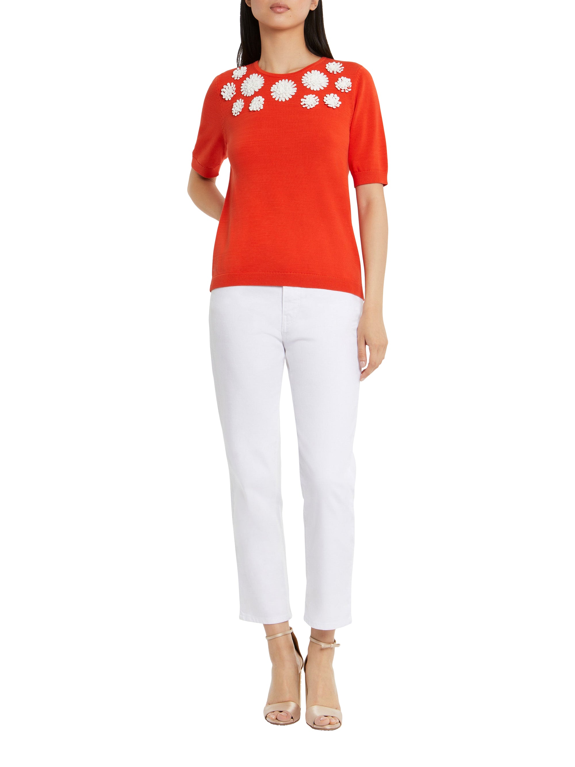 Pull brodé à manches courtes - Rouge orange