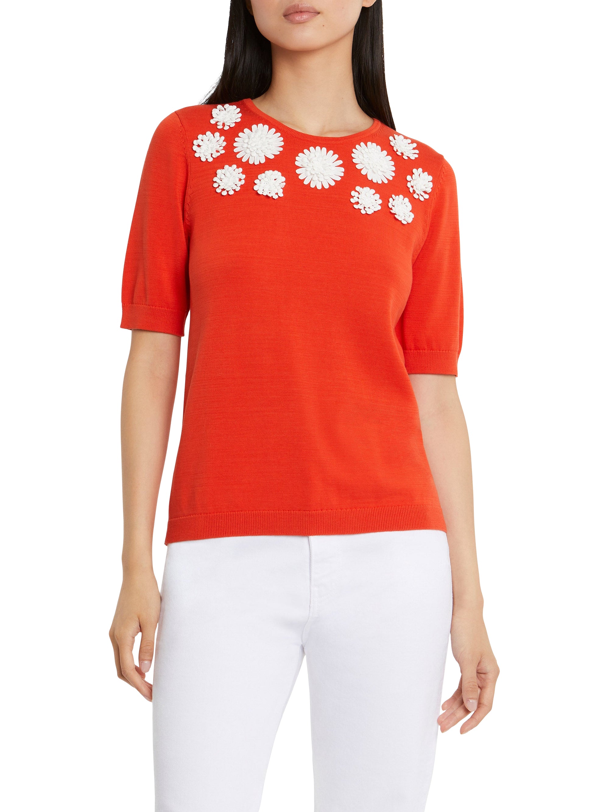 Pull brodé à manches courtes - Rouge orange