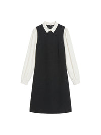Short gathered-waist dress in linen blend - Black