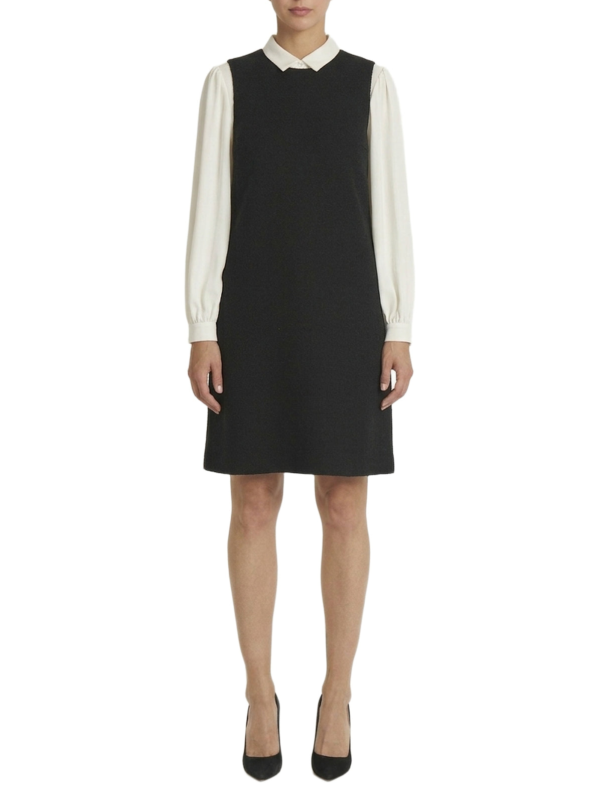 Short gathered-waist dress in linen blend - Black