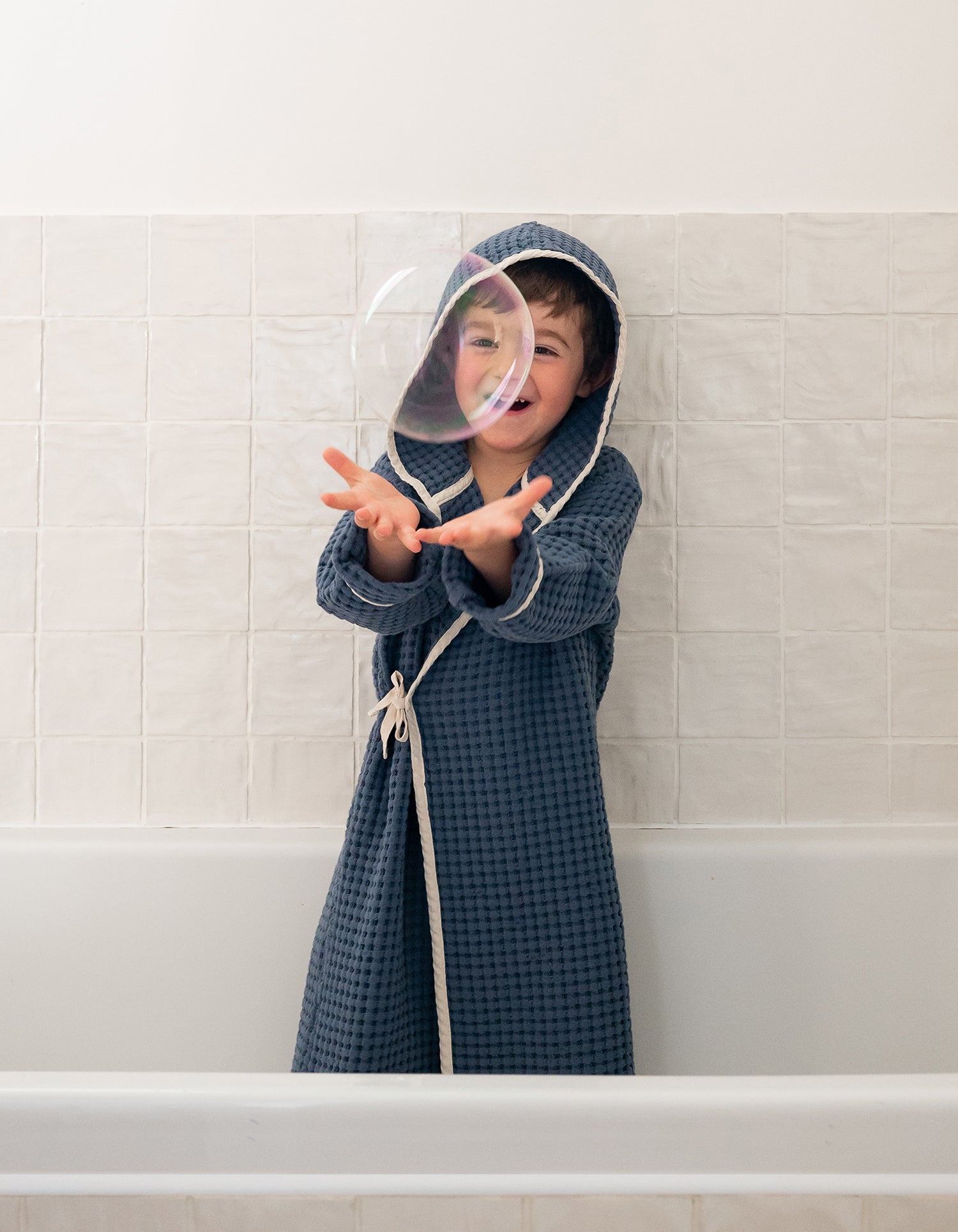Peignoir enfant en coton nid d'abeille - Bleu