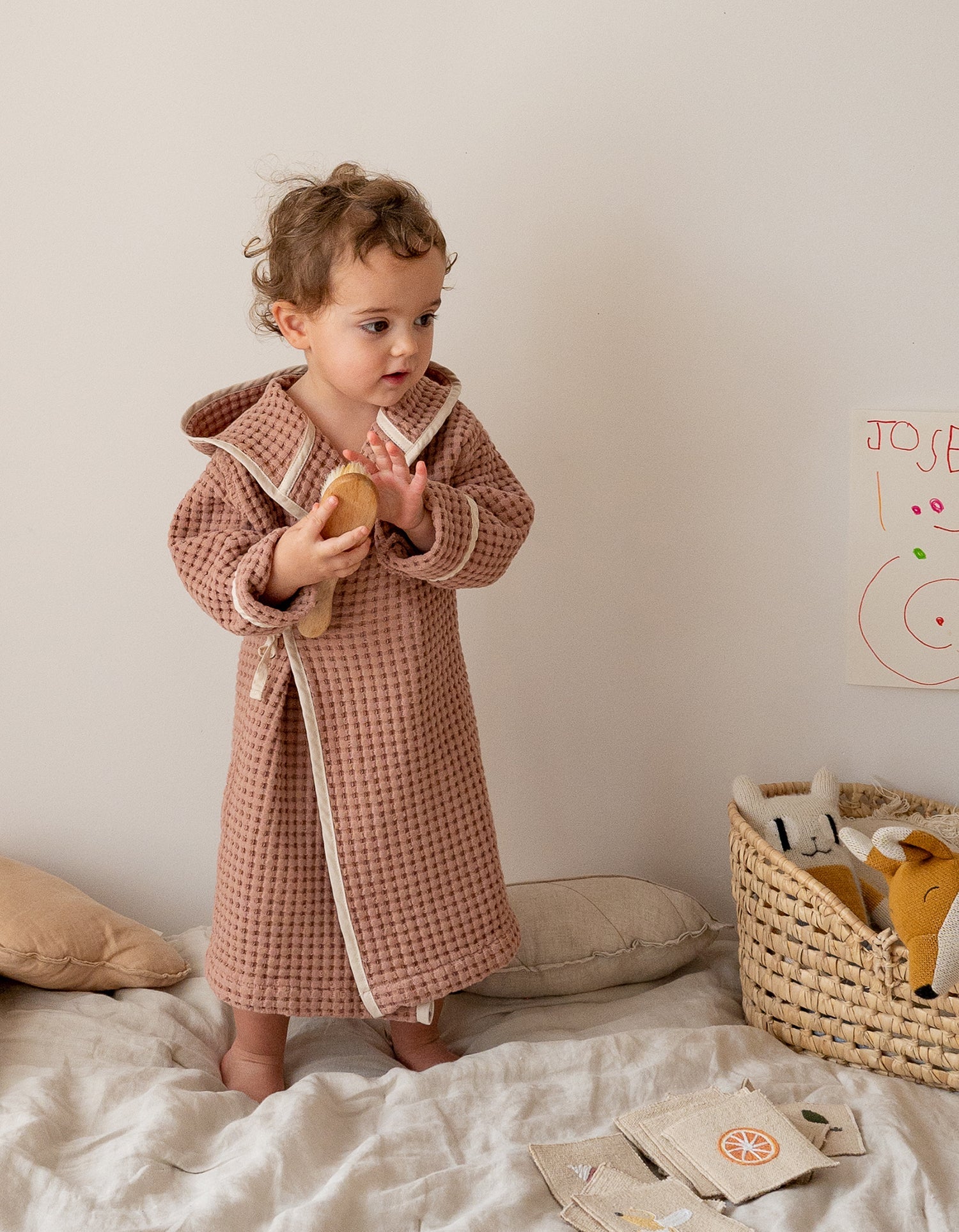 Peignoir enfant en coton nid d'abeille - Vieux Rose