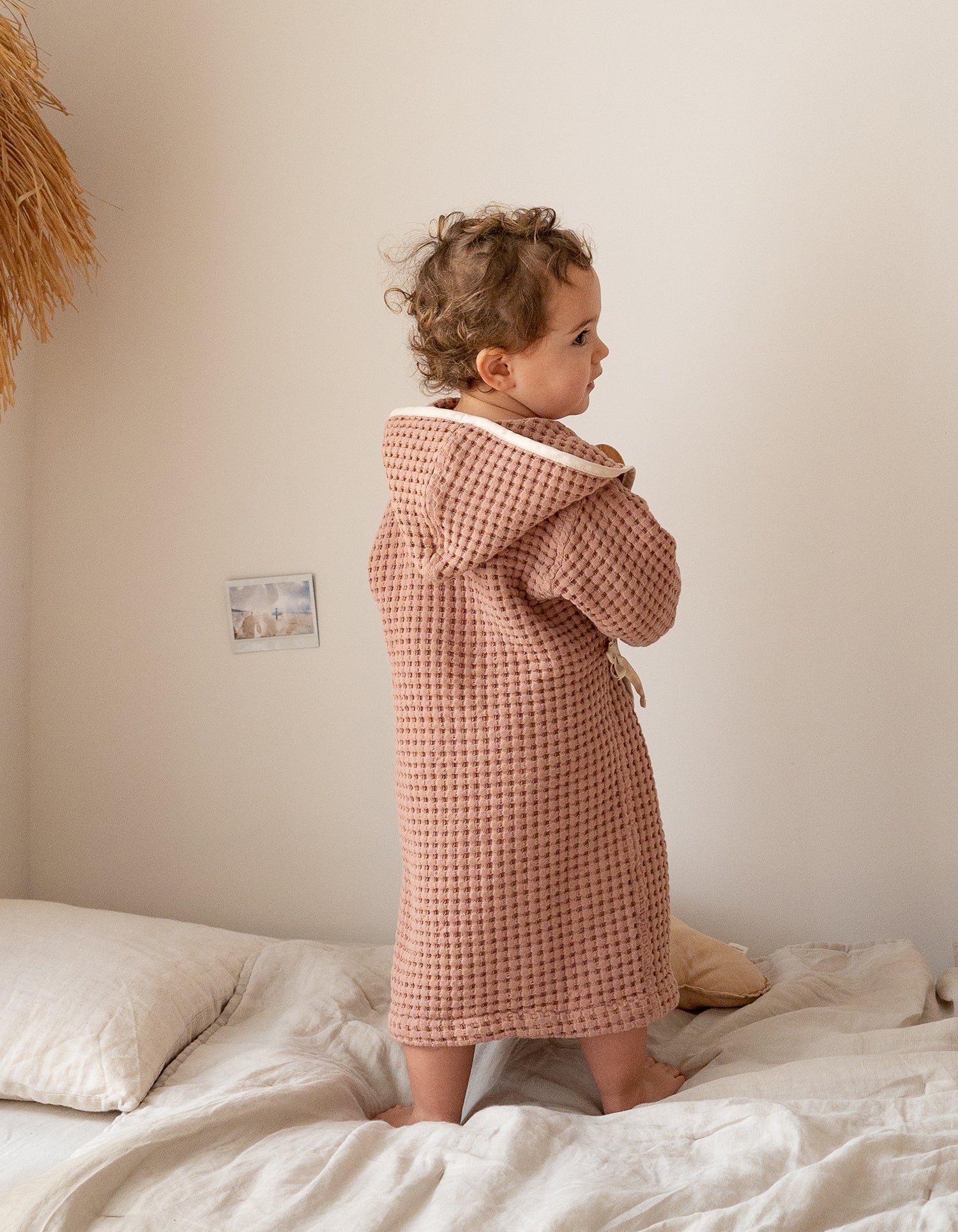 Peignoir enfant en coton nid d'abeille - Vieux Rose